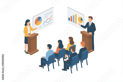 Professional speakers presenting business data and financial analysis charts during a corporate seminar