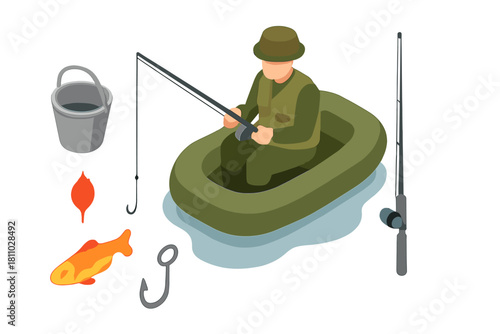 Isometric fishing set with fisherman in boat, rod, bucket, tackle box, and caught fish
