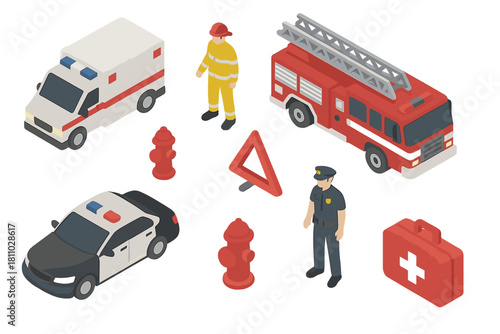 Isometric collection of emergency services vehicles, personnel, and essential equipment items