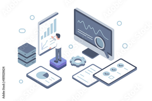 Professional analyzing financial growth charts and reports using digital devices and data storage servers