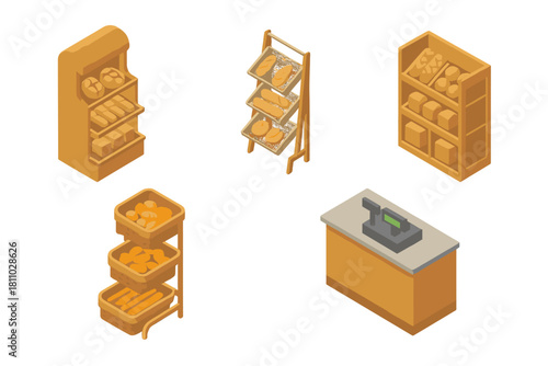 Isometric set of bakery shop furniture, fresh baked goods display racks, and cash register counter