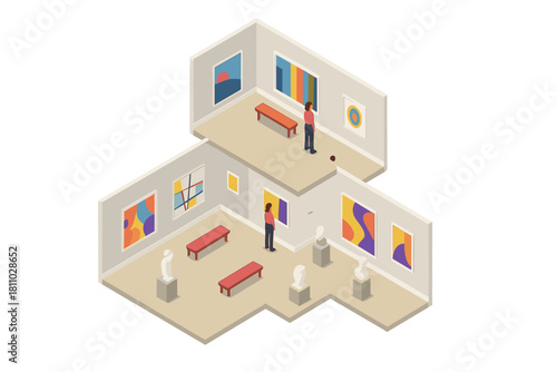 Visitors observing abstract paintings and classic sculptures in a contemporary art museum