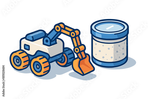 Stylized toy excavator construction vehicle next to a cylindrical container
