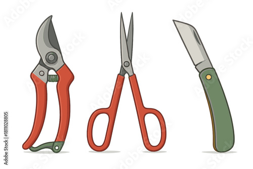 Essential gardening and crafting tools set featuring pruning shears, scissors, and utility knife