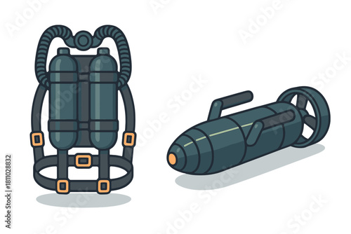 Scuba diving gear with twin tanks and underwater propulsion vehicle