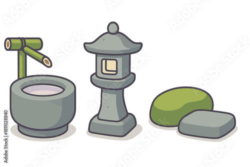 Traditional Japanese garden elements set with stone lantern, tsukubai basin, and decorative rocks