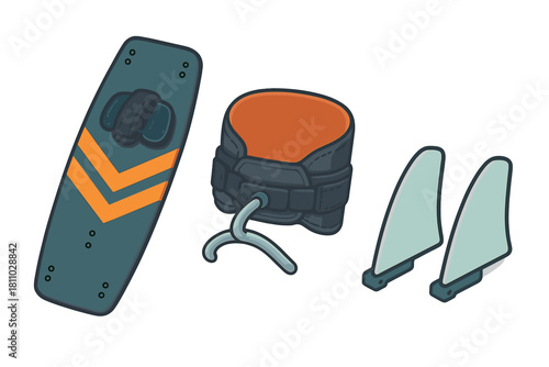 Kitesurfing gear set including twin tip board, waist harness, and detachable fins