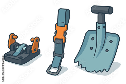 Avalanche shovel, ski binding component, and safety buckle for winter mountain sports