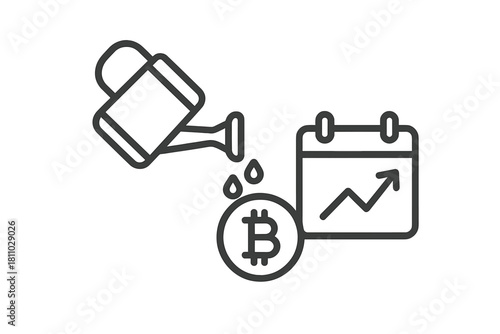 Watering can nurturing Bitcoin investment growth over time on a calendar icon
