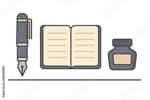 Classic writing instruments set featuring a fountain pen, open notebook, and ink bottle