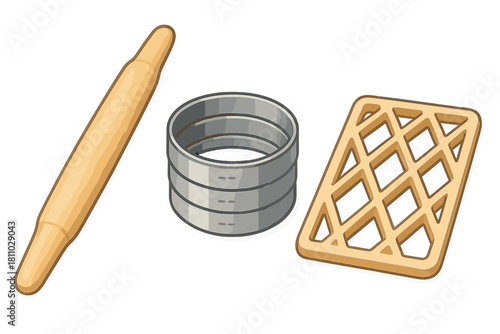 Essential kitchen tools including rolling pin and various dough cutters for baking