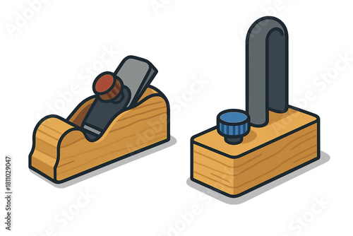 Isometric view of classic woodworking hand tools including a wooden plane and marking gauge