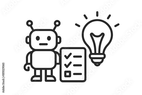 Small robot completing a checklist task next to a bright idea lightbulb icon symbol