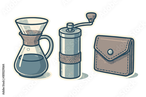 Coffee brewing accessories featuring a glass pour-over device and portable manual grinder