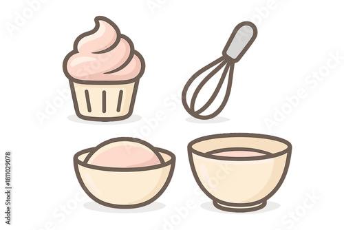 Frosted cupcake, wire whisk, and mixing bowls used for baking ingredients