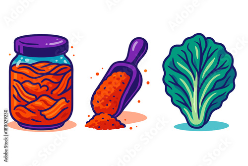 Korean Kimchi ingredients set with fermented cabbage, chili flakes, and fresh Napa cabbage