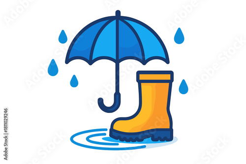 Blue umbrella shielding a yellow rubber rain boot from falling raindrops and a puddle