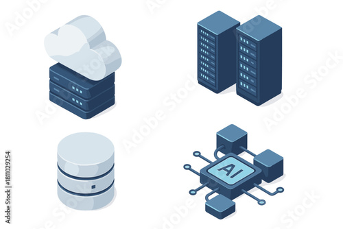 Isometric technology icons for cloud computing, data storage, and artificial intelligence