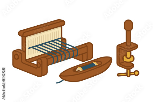 Traditional weaving tools set including a small loom, shuttle, and clamp