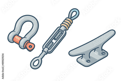 Collection of essential marine hardware including metal shackle, adjustable turnbuckle, and boat cleat