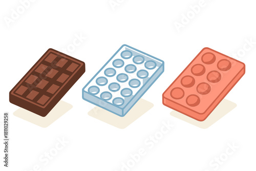 Isometric set of chocolate bar and two different candy molds for confectionery production