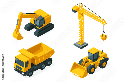 Heavy construction machinery set including excavator, crane, dump truck, and loader