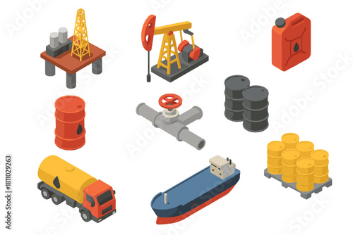 Isometric oil and gas industry elements set with drilling rig, pumpjack, barrels, and tanker trucks