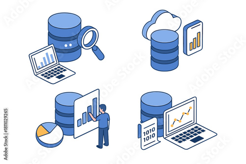 Isometric data analysis, cloud storage, database, and business reporting icons set