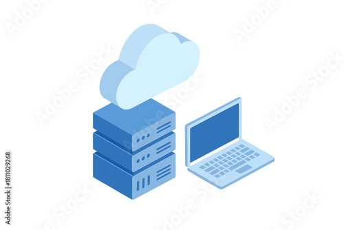 Isometric cloud data storage concept with server infrastructure and remote access