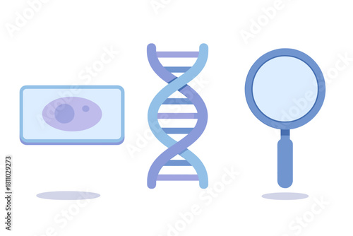 Cell structure, DNA helix, and magnifying glass symbols for scientific research