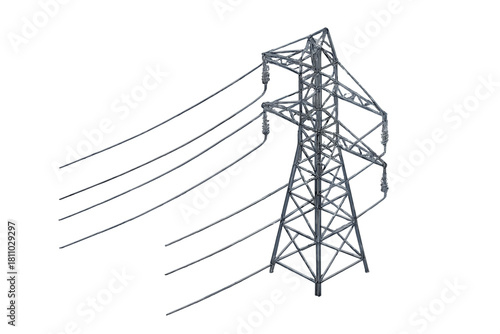 High voltage electricity transmission tower structure isolated on white