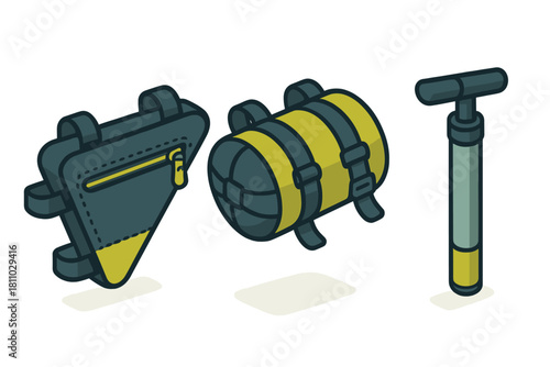 Essential gear set for bikepacking and bicycle touring: frame bags and tire pump