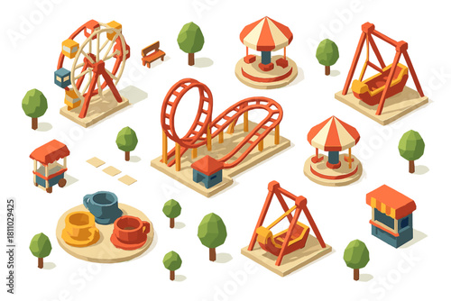 Low poly isometric set of theme park attractions and carnival rides on white background