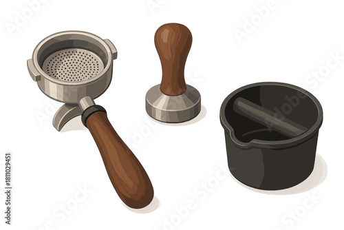 Essential barista tools portafilter coffee tamper and knock box for espresso preparation