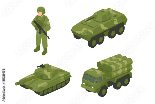 Isometric military assets set including soldier, tank, armored vehicle, and rocket launcher