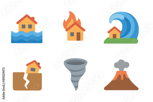 Collection of natural disaster events: flood, fire, tsunami, earthquake, tornado, volcano