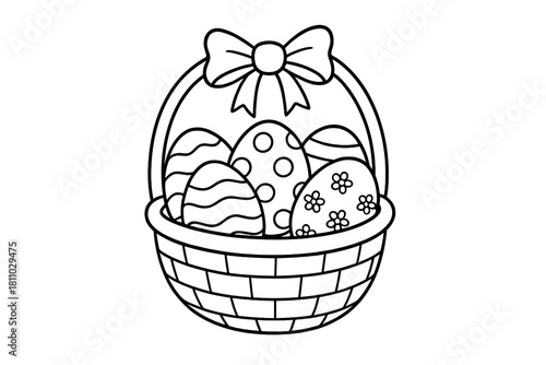 Woven Easter basket overflowing with decorative patterned eggs and a large ribbon bow handle