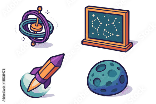 Vibrant icons depicting scientific concepts: gyroscope, constellation chart, space rocket, and cratered moon