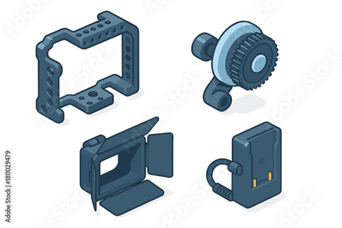 Essential filmmaking equipment accessories in isometric view: camera cage, follow focus, light, and power supply