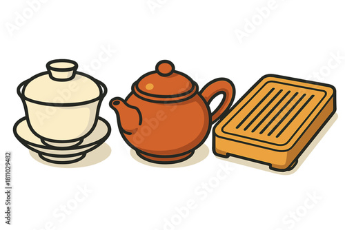 Traditional Chinese Gongfu tea ceremony utensils set including teapot, gaiwan, and tray