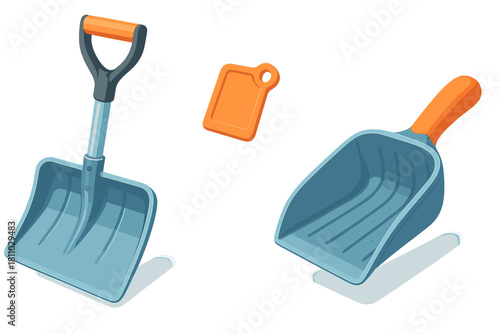 Blue plastic snow shovel and small hand scoop for winter snow removal