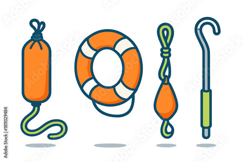 Essential water safety gear set featuring a life ring, rescue tube, throw bag, and boat hook