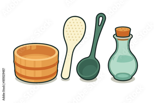 Wooden sauna bucket, ladle, scrubber, and glass bottle with cork stopper