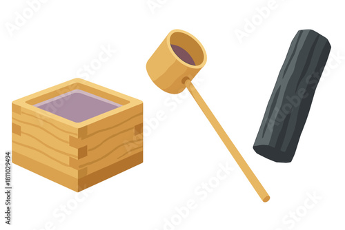 Traditional Japanese wooden basin, ladle, and charcoal for purification ritual