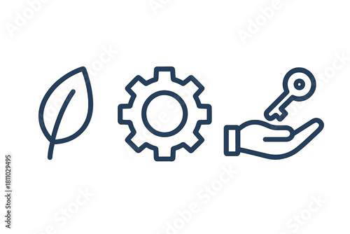 Conceptual symbols for environment, mechanism, and solution key held in a hand