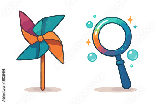 Vibrant pinwheel and bubble wand set featuring bright gradient colors and sparkling details