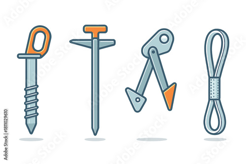 Ice screw, snow picket, fluke anchor, and climbing sling used for mountaineering safety