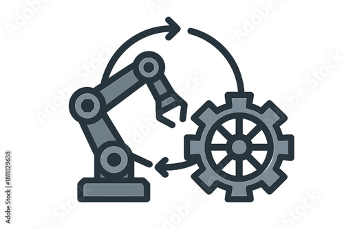 Industrial automation process showing a robotic arm manipulating a mechanical gear