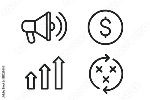 Essential business and marketing line icons covering finance, growth, and strategy