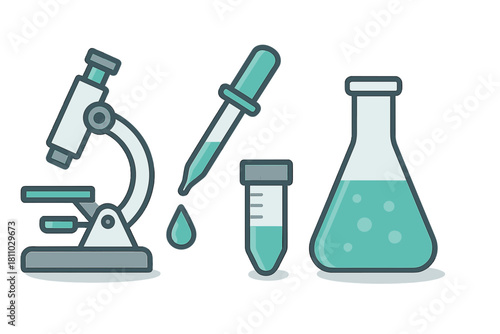 Essential laboratory tools set including microscope, flask, and pipette
